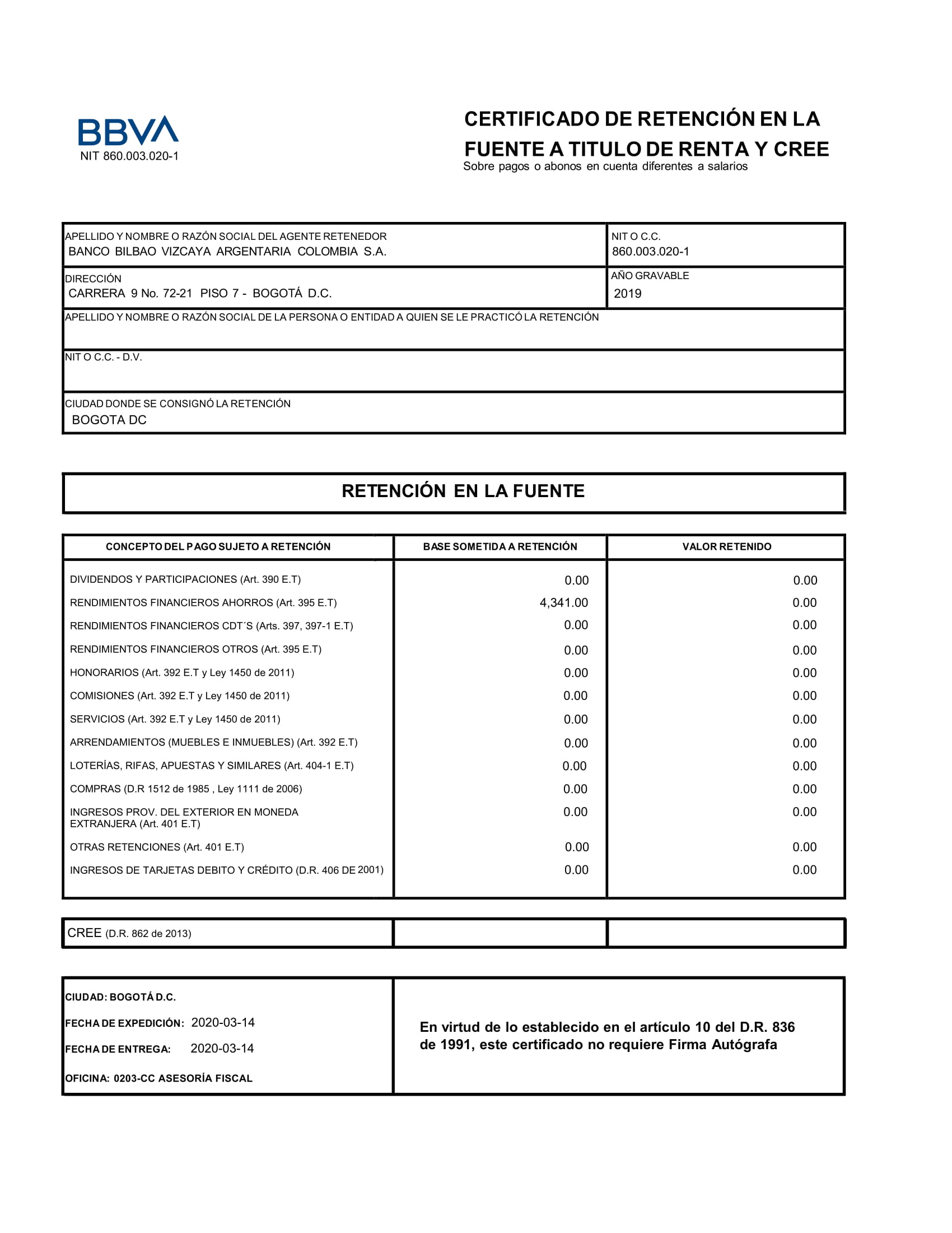 BBVA Certificado de retención en la